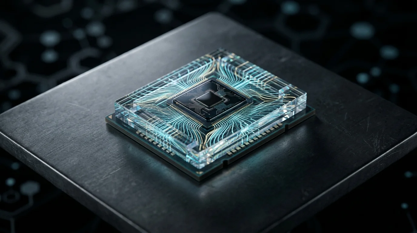 High-performance neural processor with luminous fiber traces and prism glass layers on dark titanium.