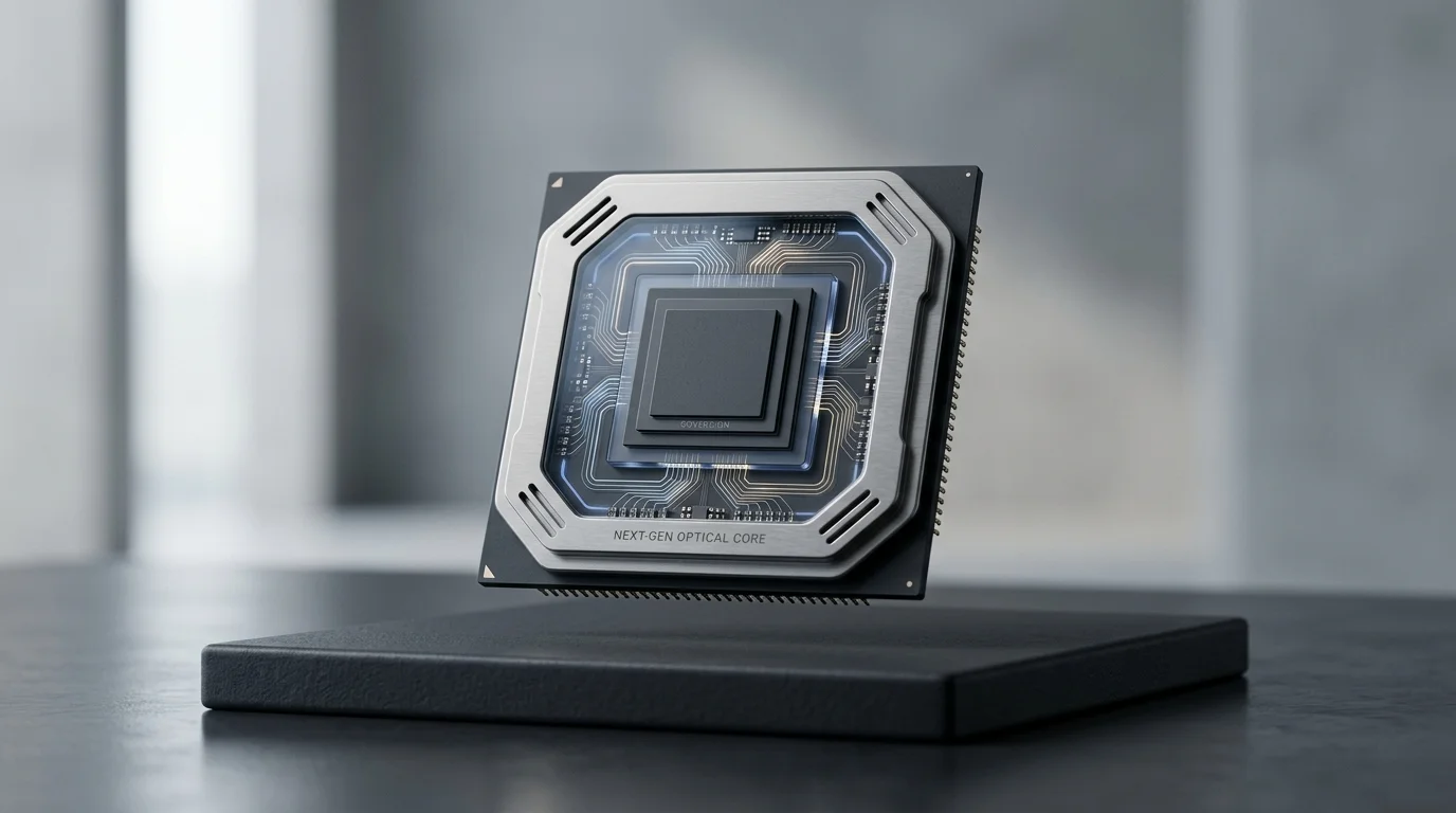 Minimalist 3D conceptual render of a high-performance sovereign AI microchip processor