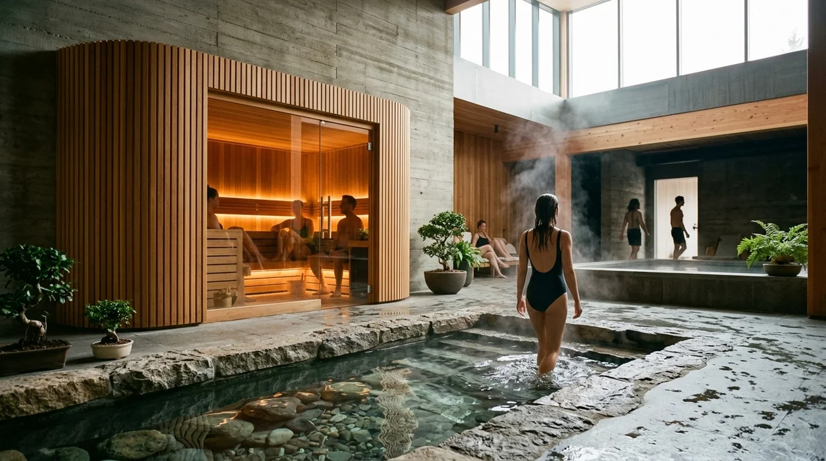 Espaço moderno de clube social de bem-estar integrando sauna de madeira cedro com iluminação âmbar e banheira de imersão fria em pedra natural com luz natural