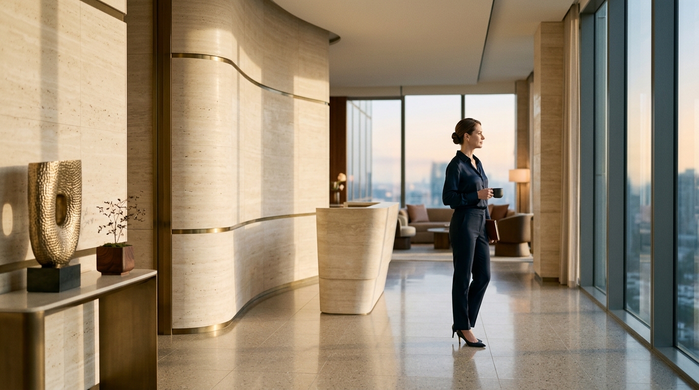 Executive contemplating urban skyline through modern floor-to-ceiling glass in a contemporary architectural setting.