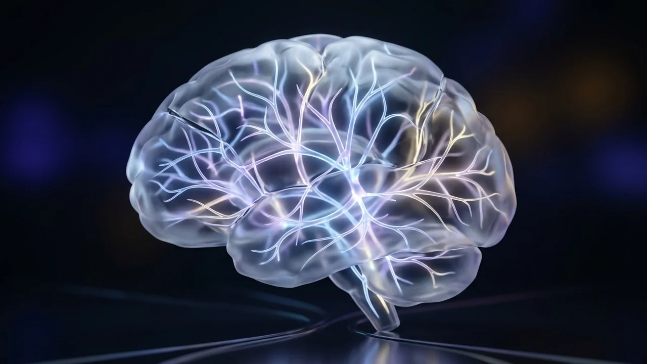 Representação conceitual 3D minimalista de processos cognitivos e raciocínio deliberado de IA com árvore de decisões luminosa em prisma de vidro translúcido