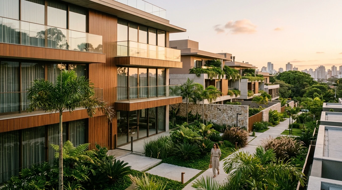 Fachada residencial contemporânea de alto padrão com detalhes em madeira, vidro e vegetação tropical sob iluminação matinal serena