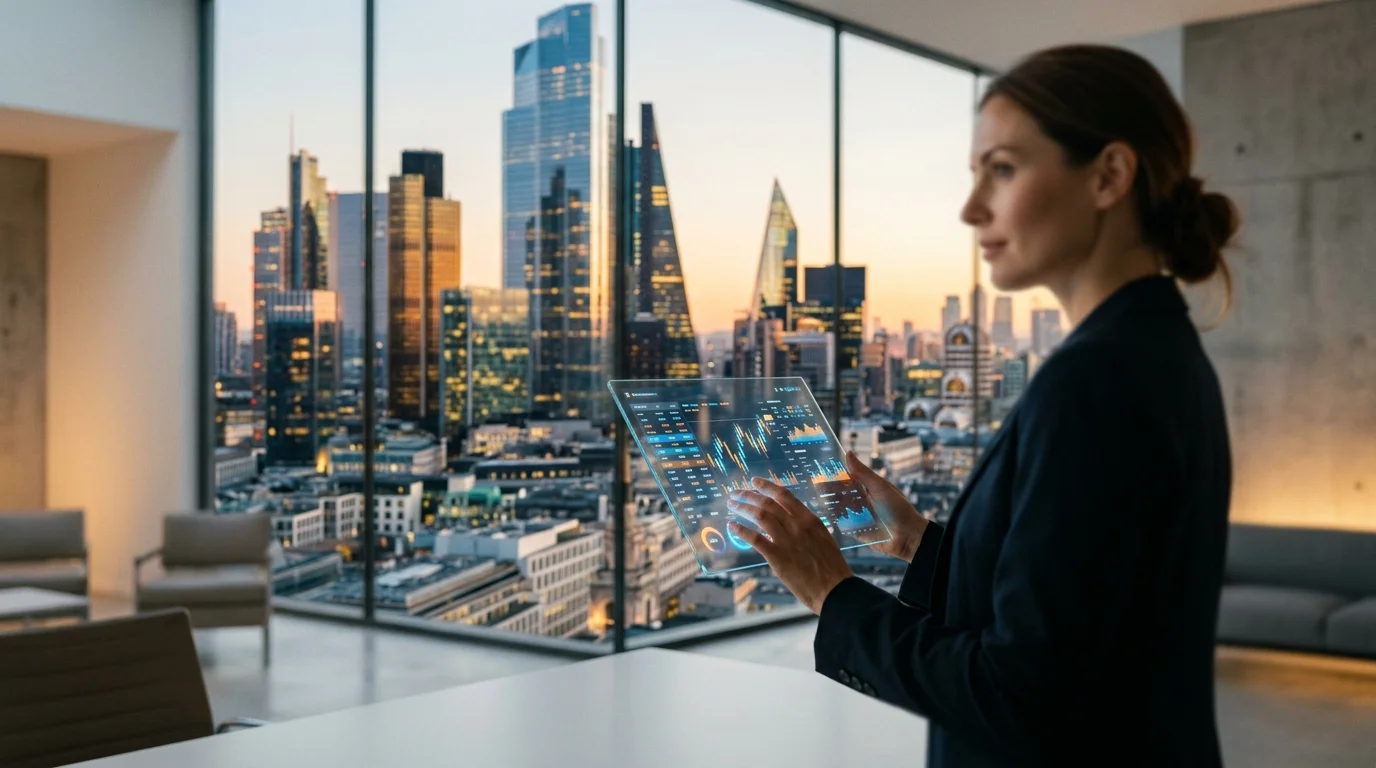 Executive analyzing financial projections and tokenized asset trading interface on a transparent tablet in a modern corporate office.