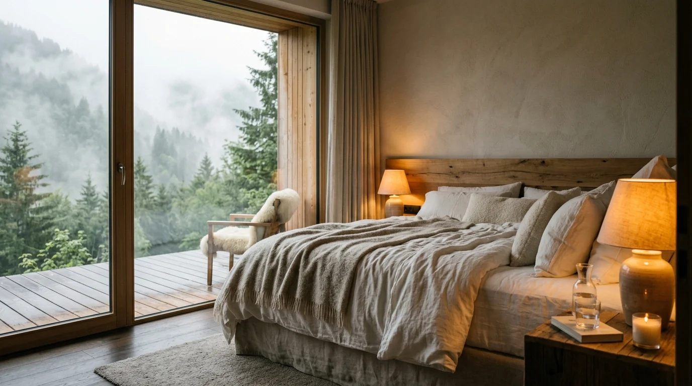 Luxury boutique hotel suite with a cozy king bed, warm circadian amber lighting, and a panoramic misty mountain forest view