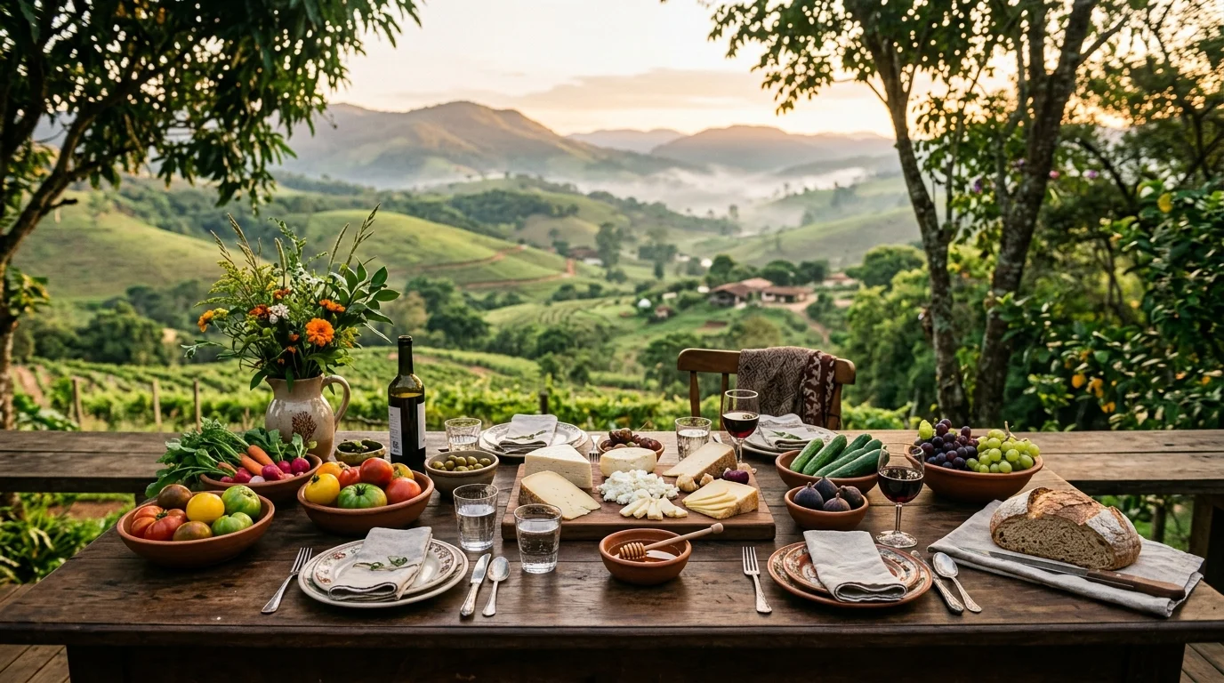 Rustic wooden outdoor dining table with artisanal cheeses, fresh organic harvest vegetables, and scenic rolling hills at sunset