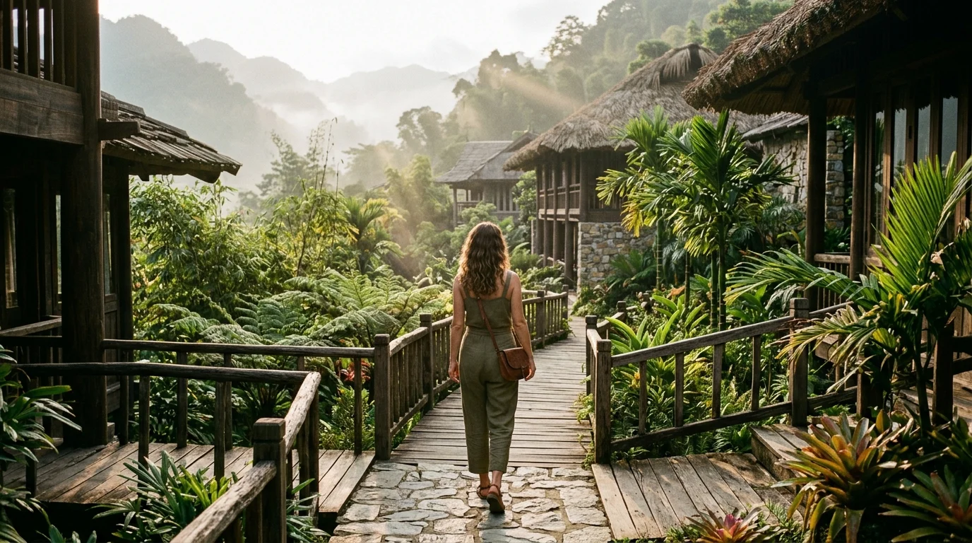 Editorial travel photography of a stylish discerning traveler taking a slow mindful walk through an authentic boutique eco-lodge surrounded by lush misty hills