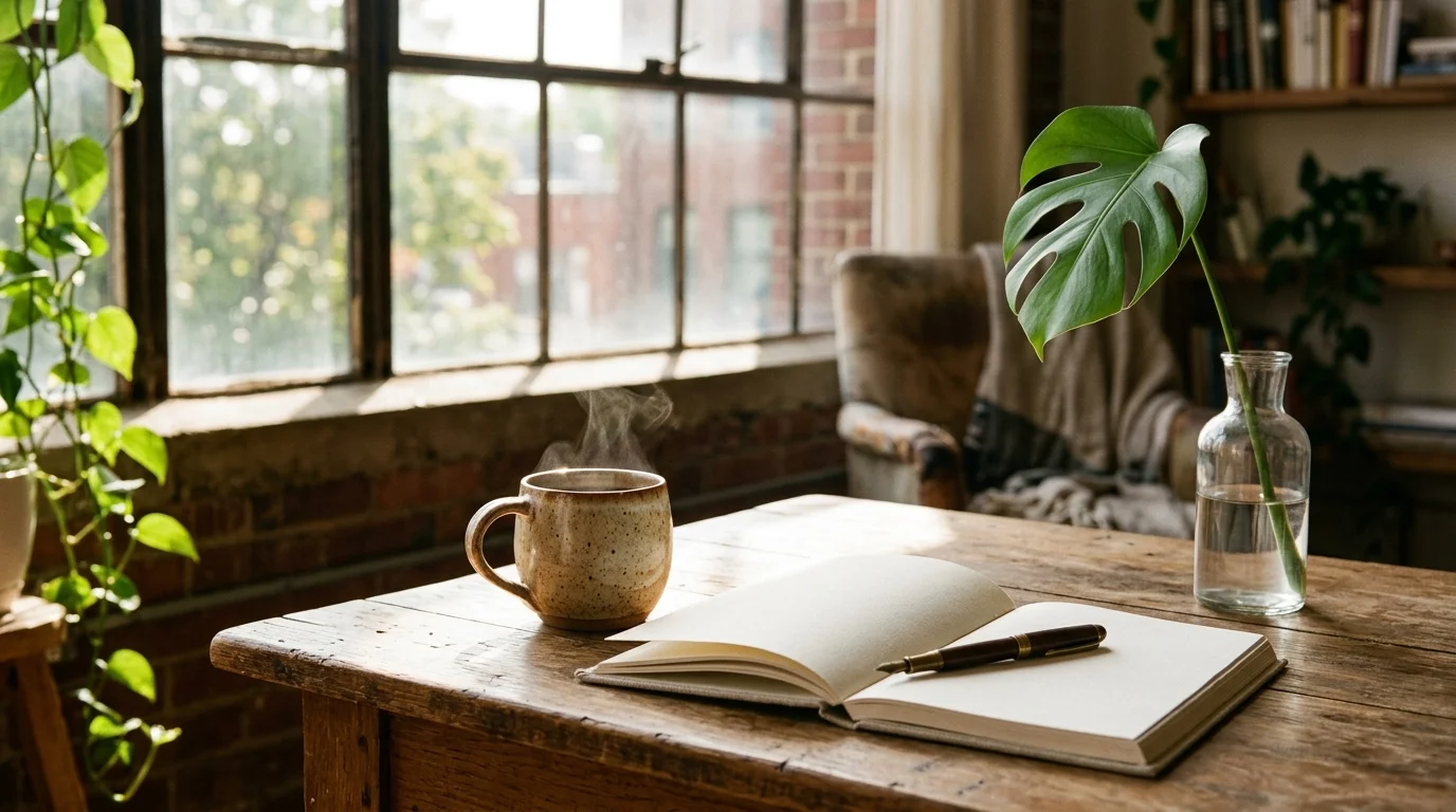 Minimalist rustic wooden desk bathed in morning light with an artisanal ceramic mug, linen notebook, and brass fountain pen.