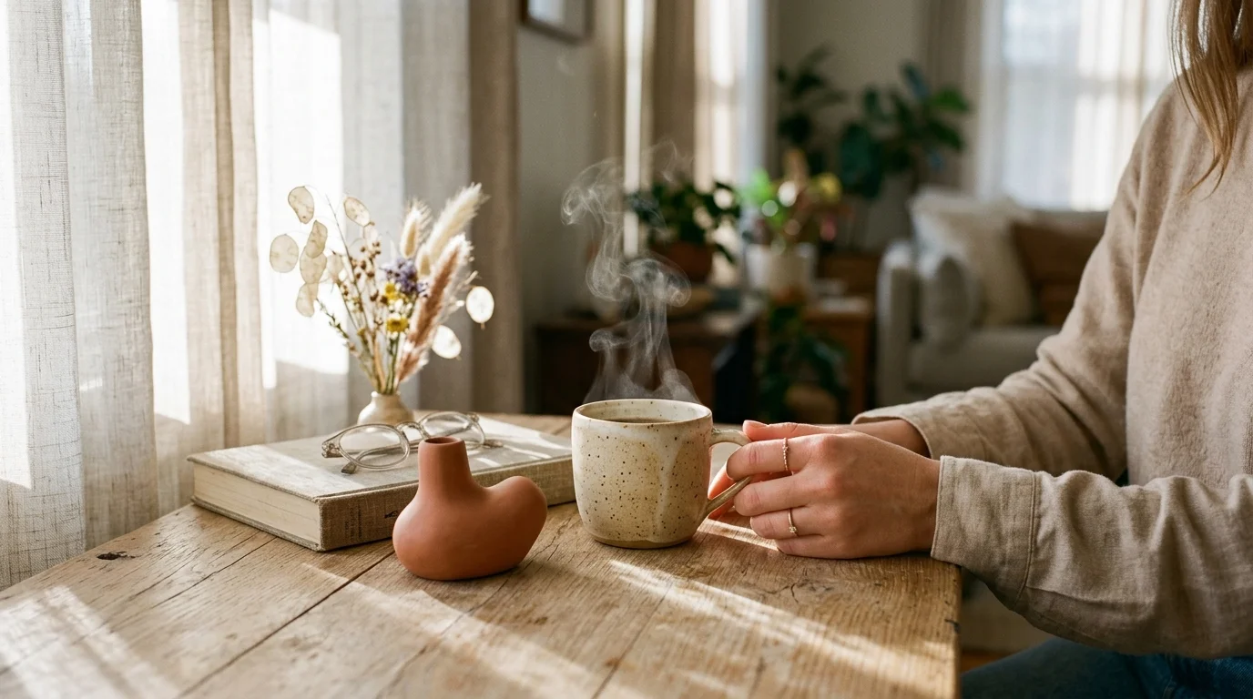 Warm cozy rustic wooden table setup featuring a steaming ceramic coffee mug, organic curved vase, and open book under soft morning sunlight.