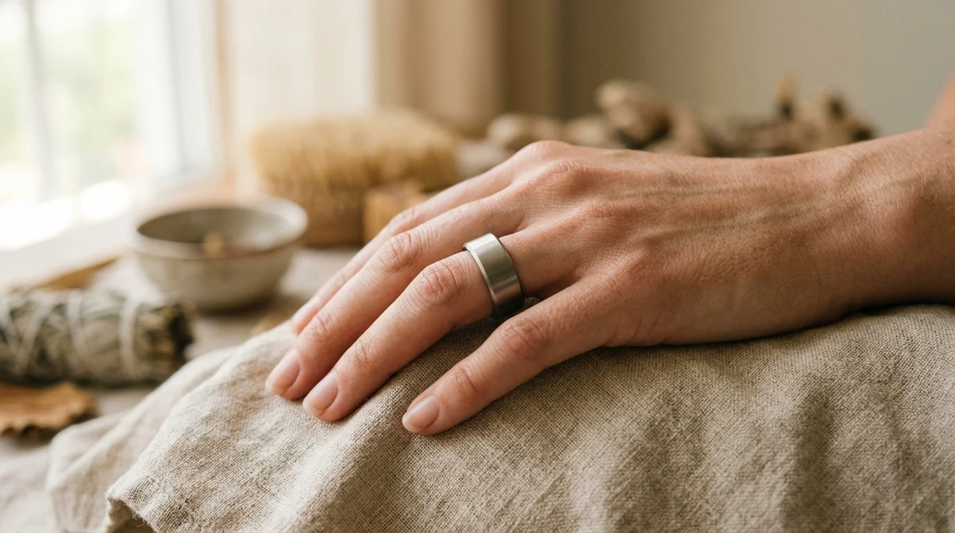 Primer plano editorial de anillo inteligente de titanio para monitoreo biométrico y salud preventiva sobre tela de lino natural