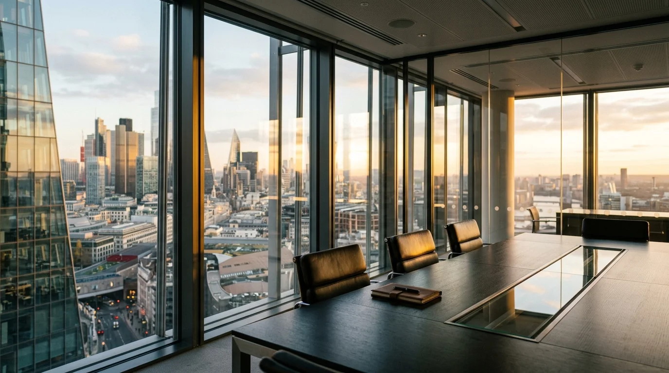 Contemporary architectural editorial photography of a modern corporate boardroom overlooking financial district skyscrapers at sunset
