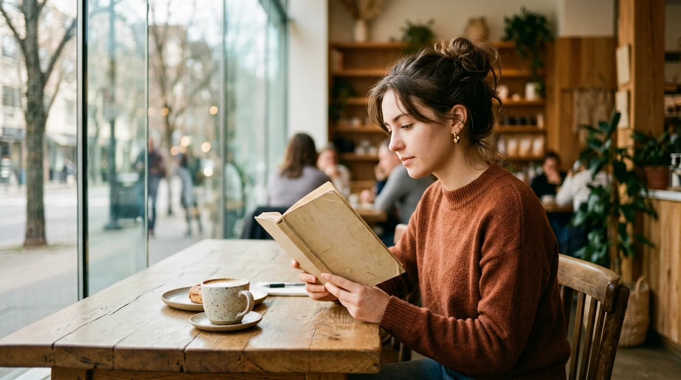 Young reader deeply engaged in reading an authentic physical book in a sunlit artisan coffee shop, embodying intentional focus and digital pause.