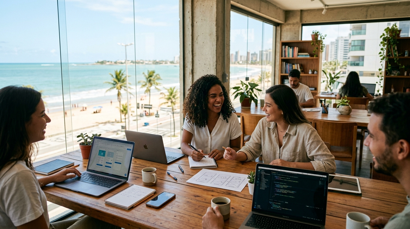 Equipe em estúdio criativo em Fortaleza com vista para a costa e luz do sol, trabalhando em estratégias de tecnologia e design