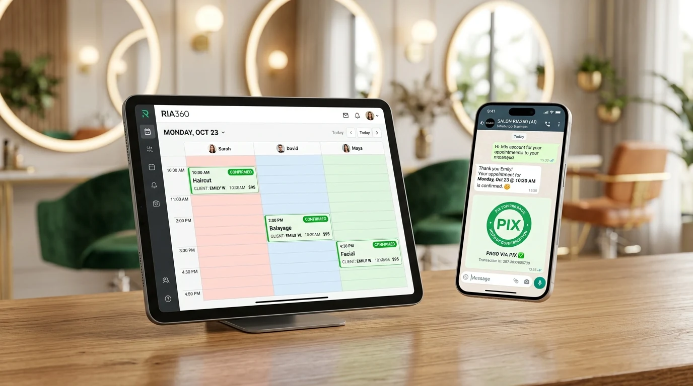 Ecossistema RIA360: Painel de agendamento por profissional no tablet integrado ao atendimento com pagamento PIX no WhatsApp