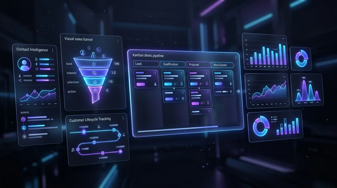 Dashboard moderno do Twenty CRM com funil Kanban, inteligência de contatos e análise de oportunidades
